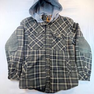 Sherpa Lined Hooded Flannel Shirt Jacket Mens Small Plaid Workwear Elbow Patches